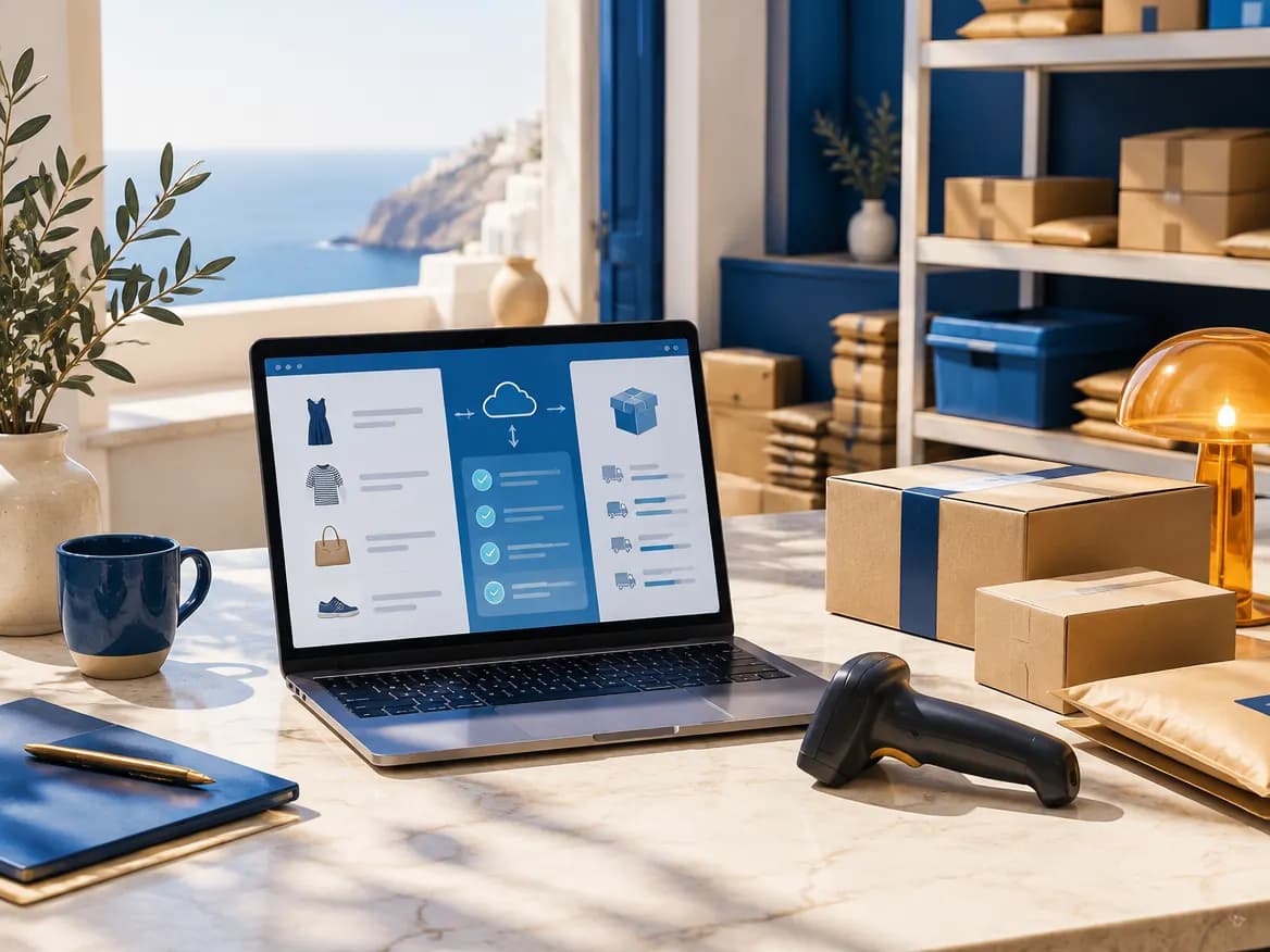 Poste de préparation de commandes e-commerce avec ordinateur et colis