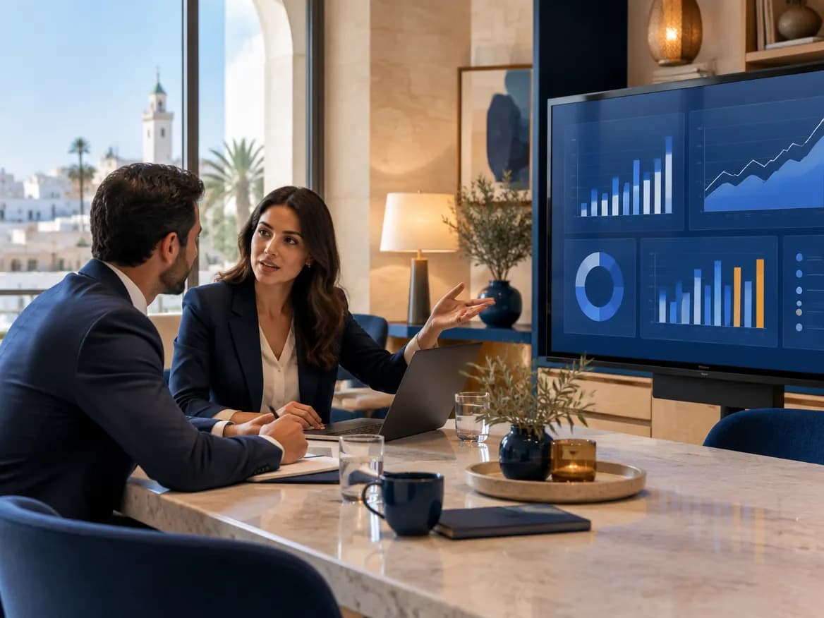 Équipe financière en réunion devant des tableaux de bord