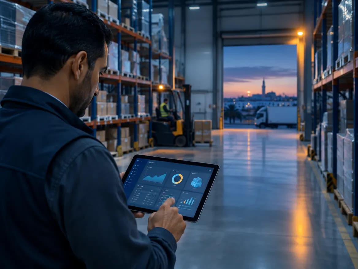 Responsable d'entrepôt consultant un tableau de bord Odoo sur une tablette